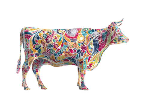 A pop-art style cow in side profile, filled with vibrant abstract patterns and white outline, isolated on transparent background.
