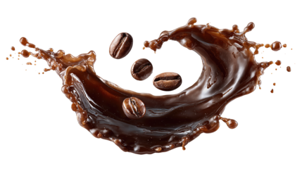 A dynamic coffee splash forming a swirling arc with several beans suspended inside, isolated on transparent background.
