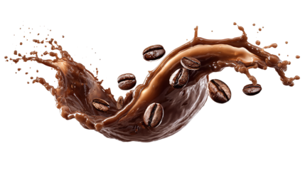 A dynamic coffee splash forming a swirling arc with several beans suspended inside, isolated on transparent background.
