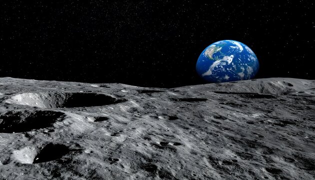 Earth seen rising over the moonscape