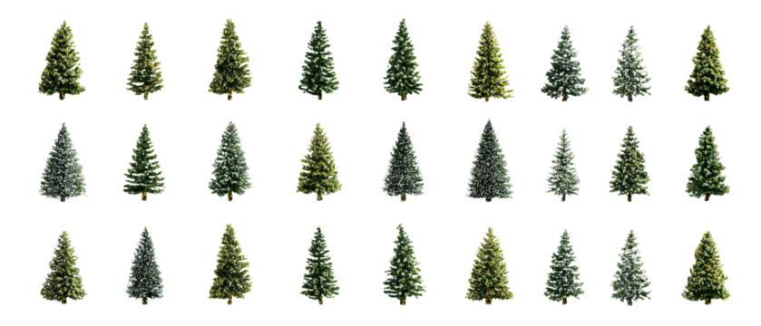 Cute small Christmas trees arranged in a tidy grid, playful and decorative, isolated on transparent background.
