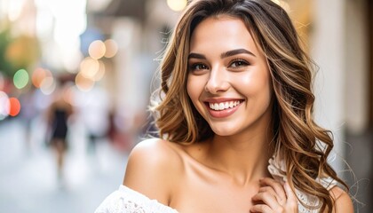 Obraz premium “Smiling person with curly hair in white top standing on sunlit street with blurred urban greenery background”
