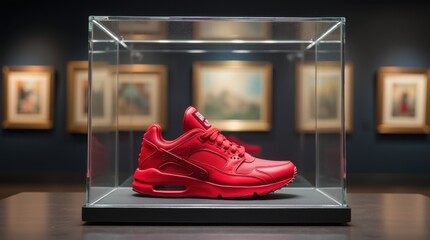 Red sneaker in acrylic display case, art gallery setting