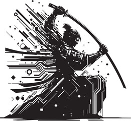 Dynamic Black and White Illustration of a Samurai Warrior with a Katana and Abstract Lines