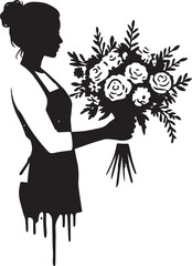 Silhouette of a woman florist holding flower bouquet in black an