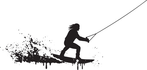 Silhouette of a woman wakeboarding with abstract water splash ef
