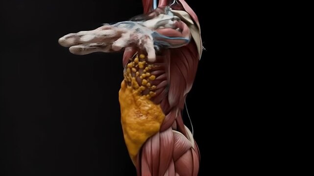 3D anatomical illustration of a human torso with significant abdominal fat