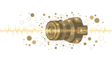 Futuristic technology lens with geometric sound wave and abstract pattern design
