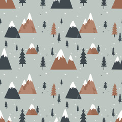 Nordic Winter Forest and Mountain Seamless Illustration.