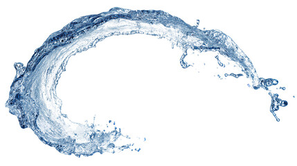 A crescent-shaped water splash with blue tones, droplets and foam in frozen motion, isolated on transparent background.
