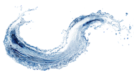 A crescent-shaped water splash with blue tones, droplets and foam in frozen motion, isolated on transparent background.
