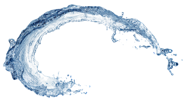 A crescent-shaped water splash with blue tones, droplets and foam in frozen motion, isolated on transparent background.
