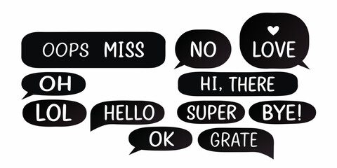 Collection of black speech bubbles with white text messages and icons for communication and expression