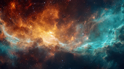 Fototapeta premium Stunning view of colorful interstellar nebula with vibrant clouds of gas and dust illuminated by distant stars in outer space, showcasing the mysteries of the universe