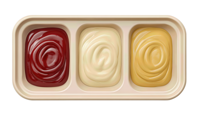 A beige three-compartment tray filled with ketchup, BBQ sauce, and aioli, smooth surfaces and neat lines, isolated on transparent background.
