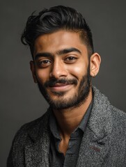 Obraz premium portrait of a young south asian man in a gray jacket ideal for corporate profiles business websites and professional headshots