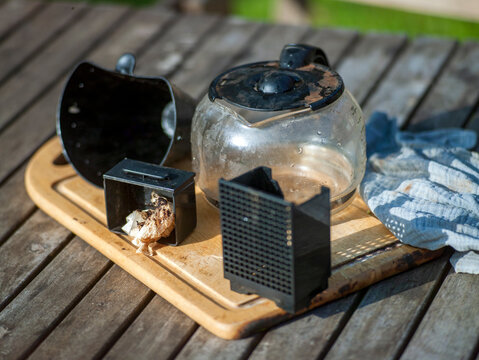 coffeemaker disassembled for cleaning