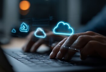Person is using a laptop with a cloud icon on the screen