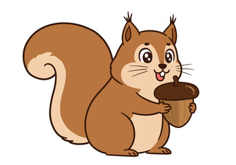 Fototapeta premium Cute Squirrel Holding Acorn Cartoon Illustration.
