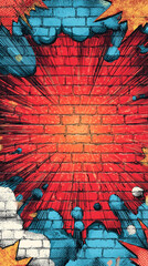 Pop art comic street graffiti with an explosion effect on brick wall. Vertical