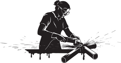 Craftswoman at work using angle grinder on metal pipes in monoch