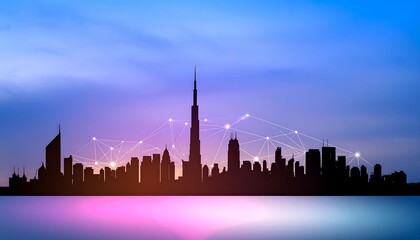 Obraz premium City skyline at twilight, interconnected network