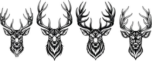 Four stylized deer head illustrations with large antlers detailed black and white wildlife emblem tattoo style vector art for commercial use