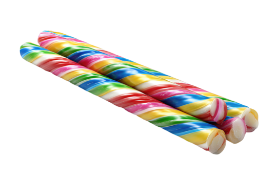 A bundle of rainbow candy sticks with twisted bright stripes, clean cut ends and slight fan shape, isolated on transparent background.
