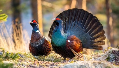 majestic western capercaillie tetrao urogallus with big tail courting in spring