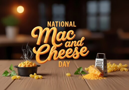 National mac and cheese day celebration with grated cheese and parsley on rustic table setting