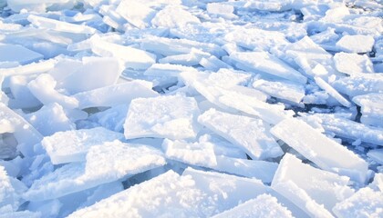 “Scattered broken ice slabs floating on water surface under sunlight, irregular shapes and bright reflections”
