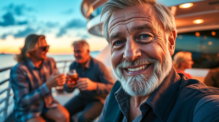 Happy senior man taking a selfie portrait on a luxury yacht during a golden sunset, enjoying a relaxing cruise vacation with friends, a joyful retirement lifestyle.