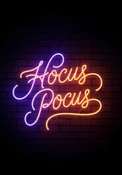 Neon hocus pocus sign on brick wall for halloween decoration and spooky event design
