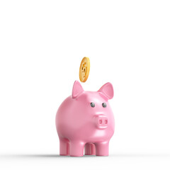 Pink piggy bank with gold coin 3d render isolated on transparent background