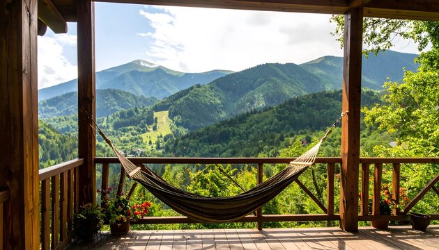Relaxation awaits on rustic balcony view - Powered by Adobe