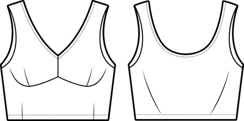 Sports bra crop top technical flat sketch front and back view with V neckline bust seams darts activewear fashion vector illustration