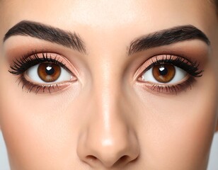 Naklejka premium Close-up of a woman's face with meticulous eye makeup and defined eyebrows, showcasing a soft, light-toned complexion.