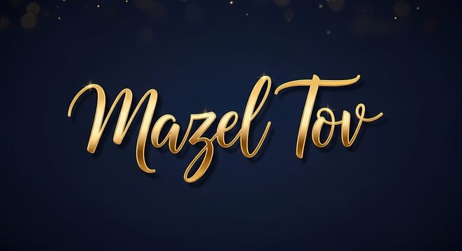 Elegant Mazel Tov greeting card design with shimmering gold calligraphy on dark blue background for celebratory occasions