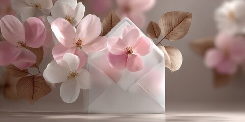 Floral arrangement of soft pink and white blossoms with brown leaves in envelope, ideal for spring greetings, invitations, or romantic communication themes