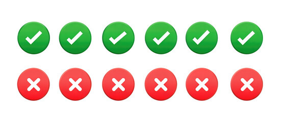 A row of circular green check and red cross icons, equal size and spacing, flat graphic style, isolated on transparent background.
