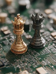 Fototapeta premium digital chessboard showdown king and rook chess pieces stand majestically on a complex circuit board symbolizing strategic digital competition technological advancement