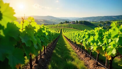 Rows of lush green grapevines stretching across a sun-drenched hillside, ready for harvest A picturesque vineyard landscape perfect for wine country imagery , wine bottle, rural