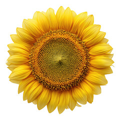 A golden sunflower head with dense spirals of seeds in the center and evenly spaced petals, isolated on transparent background.
