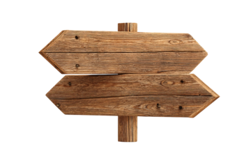 wooden road sign with arrows pointing right and left, isolated on an transparent background in PNG format.