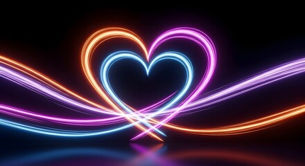 Glowing neon light trails forming a colorful heart symbol. Love, passion, and vibrant energy concept. Abstract flowing lines creating a romantic heart for Valentine's Day.
