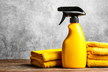 Cleaning supplies with yellow towels and spray bottle arranged on wooden surface