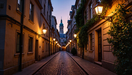 Fototapeta premium Historic cobblestone alleyway at twilight with antique lampposts, ambiance