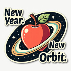 Apple in space sticker, vector-style, cosmic colors, New Year orbit-
