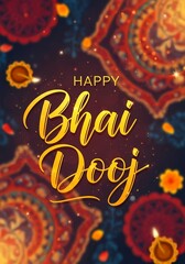 Vibrant Bhai Dooj celebration design with festive patterns and diya lights for greeting cards or decorations