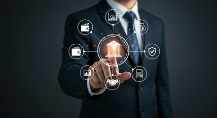 Businessman Touching Digital Banking Hologram, Financial Technology and Online Payment Concept